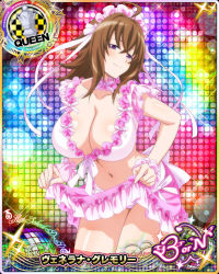 Rule 34 | 1girl, bra, breasts, brown hair, card (medium), chess piece, cleavage, female focus, frilled bra, frilled skirt, frills, high school dxd, large breasts, lingerie, mature female, navel, official art, purple eyes, queen (chess), skirt, smile, solo, underwear, venelana gremory