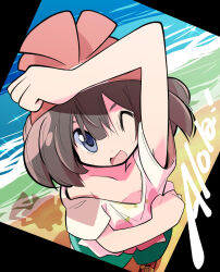 Rule 34 | 1girl, ;d, aqua shorts, arm up, beach, beanie, black hair, blue eyes, breasts, cleavage, collarbone, creatures (company), downblouse, floral print, from above, game freak, gen 4 pokemon, hair between eyes, hat, highres, nintendo, no bra, one eye closed, open mouth, pokemon, pokemon sm, print shirt, rascal (feuille), red hat, rotom, rotom dex, sand, selene (pokemon), shirt, short hair, short sleeves, shorts, small breasts, smile, solo, water, white shirt