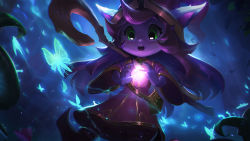Rule 34 | 1girl, absurdres, backlighting, colored skin, commentary, dress, english commentary, glowing, green eyes, highres, league of legends, long hair, long sleeves, lulu (league of legends), magic, open mouth, pix (league of legends), purple skin, red dress, red hair, shoes, staff, teeth, upper teeth only, vincent t (oriaarts), weapon, weapon on back, wide sleeves, yordle