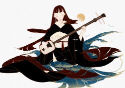 Rule 34 | 1girl, absurdres, bachi, black kimono, blunt bangs, blunt ends, brown hair, closed eyes, commentary request, facing viewer, full body, highres, holding, holding plectrum, instrument, japanese clothes, kimono, long hair, music, obi, obiage, original, playing instrument, plectrum, sash, shamisen, singing, sitting, surie, very long hair, white background, wide sleeves