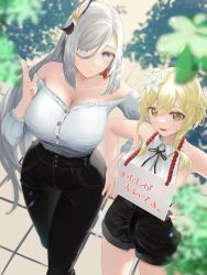 Rule 34 | 2girls, absurdres, alternate costume, black pants, black shorts, blonde hair, blue eyes, blurry, blurry foreground, bolo tie, breasts, cleavage, commentary request, denim, earrings, flower, from above, genshin impact, hair flower, hair ornament, hair over one eye, hands on own hips, highres, jewelry, large breasts, light rays, long hair, looking up, lumine (genshin impact), multiple girls, off-shoulder shirt, off shoulder, open mouth, outdoors, pants, shadow, shenhe (genshin impact), shirt, shirt tucked in, shorts, sign, sign around neck, silver hair, sleeveless, smile, sunbeam, sunlight, tassel, tassel earrings, translation request, yellow eyes, yumeto (ym-1)