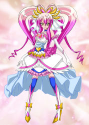 Rule 34 | 1girl, arudebido, boots, choker, dress, elbow gloves, eyelashes, frills, full body, gloves, heart, long hair, magical girl, multicolored hair, original, pink background, pink hair, precure, quad tails, smile, solo, thighhighs, twintails, two-tone hair, white gloves, yellow eyes
