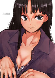 Rule 34 | 1girl, aosora2823, artist name, black hair, blue eyes, blunt bangs, blush, breasts, cleavage, closed mouth, collarbone, commentary, english commentary, female focus, futch (suikoden), highres, long hair, looking at viewer, medium breasts, nico robin, nose, one piece, portrait, simple background, smile, solo, tsurime, white background