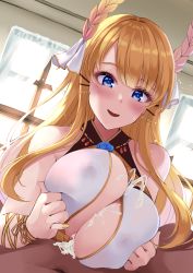 Rule 34 | 1girl, absurdres, azur lane, bare shoulders, blonde hair, blue eyes, blush, breasts, cum, dress, ejaculation, hair ribbon, highres, large breasts, long hair, looking at viewer, open mouth, paizuri, paizuri under clothes, ribbon, simple background, sweatdrop, victorious (azur lane), wee (weeyy)