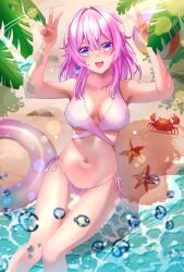 Rule 34 | 1girl, absurdres, ball, beachball, bikini, blue eyes, blurry, blurry foreground, blush, bokeh, breasts, caustics, collarbone, commission, crab, depth of field, double v, earrings, hair between eyes, hair intakes, hands up, highres, honkai: star rail, honkai (series), jewelry, large breasts, looking at viewer, lori hagami, march 7th (honkai: star rail), medium hair, mixed-language commentary, nail polish, navel, pink bikini, pink hair, pixiv commission, single earring, sitting, solo, swimsuit, teeth, upper teeth only, v, water drop