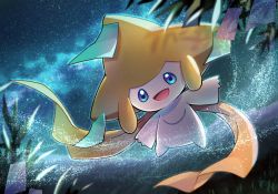 Rule 34 | :d, blue eyes, blurry, commentary request, creatures (company), floating, game freak, gen 3 pokemon, grass, highres, jirachi, leaf, legendary pokemon, looking at viewer, mythical pokemon, night, nintendo, no humans, open mouth, outdoors, outstretched arms, pokemon, pokemon (creature), ribbon, sky, smile, solo, star (sky), tongue, yellow ribbon, yukichi (tsuknak1)