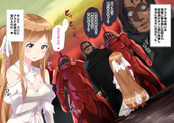 Rule 34 | 1girl, 3boys, animankan, arm under breasts, armor, ass, asuna (sao), asuna (stacia), bare shoulders, breasts, brown eyes, brown hair, character request, cleavage, commentary request, dress, facial tattoo, full armor, hair ornament, heart, highres, large breasts, long hair, multiple boys, multiple views, open mouth, red armor, red sky, red theme, shiny skin, sitting, sky, speech bubble, sword art online, sword art online: alicization, sword art online: alicization - war of underworld, tattoo, titania (sao), translation request, white dress