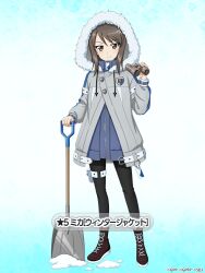 Rule 34 | 1girl, binoculars, black footwear, black pantyhose, blue background, blue dress, boots, brown eyes, brown hair, character name, closed mouth, coat, commentary request, cross-laced footwear, drawstring, dress, emblem, full body, fur-trimmed hood, fur trim, girls und panzer, girls und panzer senshadou daisakusen!, grey coat, holding, holding binoculars, holding shovel, hood, hood up, hooded coat, keizoku (emblem), lace-up boots, long hair, long sleeves, looking at viewer, mika (girls und panzer), official alternate costume, official art, pantyhose, short dress, shovel, smile, snow shovel, solo, standing, star (symbol), thigh strap, translated, watermark