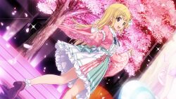 Rule 34 | 1girl, 22/7, 22/7 ongaku no jikan, blonde hair, blue bow, blue bowtie, blurry, bow, bowtie, cherry blossom print, cherry tree, concert, depth of field, dress, dutch angle, falling petals, floral print, frilled dress, frills, fujima sakura, game cg, hands up, highres, idol, idol clothes, long hair, looking at viewer, looking back, multicolored clothes, multicolored dress, non-web source, official art, oil-paper umbrella, open mouth, petals, pink petals, purple eyes, screen zoom, sidelocks, single hair ring, smile, socks, solo, stage lights, stairs, teeth, umbrella, upper teeth only, white socks