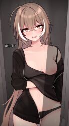 Rule 34 | 1girl, absurdres, accidental exposure, black camisole, black jacket, black panties, blush, breasts, brown eyes, brown hair, camisole, commentary, cowboy shot, doorway, english commentary, english text, groin, hair between eyes, hair down, highres, hololive, hololive english, jacket, long hair, long sleeves, looking at viewer, m r b, medium breasts, multicolored hair, nanashi mumei, navel, nipples, off shoulder, one breast out, open clothes, open door, open jacket, open mouth, panties, scratching stomach, single bare shoulder, solo, spaghetti strap, strap slip, streaked hair, sweat, thigh gap, underwear, very long hair, virtual youtuber, white hair