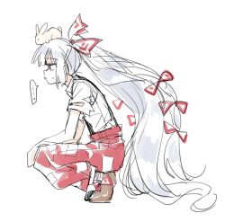 Rule 34 | ..., 1girl, animal, animal on head, bow, closed mouth, fujiwara no mokou, grey hair, hair bow, long hair, ofuda, ofuda on clothes, on head, pants, rabbit, re ghotion, red bow, red eyes, red pants, shirt, short sleeves, speech bubble, sweatdrop, touhou, very long hair, white shirt