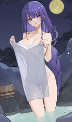 Rule 34 | 1girl, blush, braid, breasts, bucket, cleavage, commentary request, covering privates, genshin impact, highres, holding, holding towel, large breasts, long hair, looking at viewer, low-braided long hair, low-tied long hair, mole, mole under eye, moon, nail polish, naked towel, night, night sky, nude, nude cover, onsen, paid reward available, parted lips, petals, purple eyes, purple hair, purple nails, raiden shogun, rikui (rella2930), see-through, see-through silhouette, sidelocks, single braid, sky, solo, star (sky), starry sky, towel, very long hair, wading, water, wet, white towel, wooden bucket