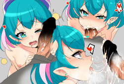 Rule 34 | 1boy, 1girl, :&gt;=, aqua eyes, aqua hair, blush, breasts, censored, cum, cum in mouth, cum string, earrings, erection, fellatio, hagoromo lala, hair ornament, heart, heart-shaped pupils, hetero, highres, jewelry, looking at viewer, multicolored hair, multiple views, nail polish, nipples, nude, open mouth, oral, penis, pink hair, pointy ears, precure, rumo, saliva, shiny skin, short hair, simple background, small breasts, solo focus, star-shaped pupils, star (symbol), star twinkle precure, streaked hair, symbol-shaped pupils, tongue
