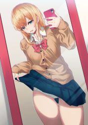 Rule 34 | 1girl, 40hara, blonde hair, blue skirt, blush, bow, bowtie, breasts, brown cardigan, cardigan, cellphone, clothes lift, collared shirt, commentary request, disgust, dutch angle, earrings, female pov, gluteal fold, green eyes, highres, holding, holding phone, iya na kao sare nagara opantsu misete moraitai, jewelry, lifting own clothes, long hair, long sleeves, looking at viewer, medium breasts, miniskirt, mirror, open mouth, original, panties, parted lips, phone, pleated skirt, pov, red bow, red bowtie, reflection, school uniform, scowl, shirt, skirt, skirt lift, sleeves past wrists, smartphone, solo, stud earrings, taking picture, thigh gap, thighs, underwear, upskirt, v-shaped eyebrows, white panties, white shirt, wing collar
