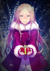 Rule 34 | 10s, 1girl, coat, flower, gift, guilty crown, hair flower, hair ornament, highres, holding, holding gift, long hair, ouma mana, outstretched arms, pink hair, purple eyes, redjuice, smile, solo