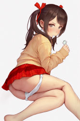 Rule 34 | 1girl, arm support, ass, bare legs, barefoot, bigxixi, blush, brown hair, cardigan, condom, condom in mouth, condom wrapper, from side, grey background, grey eyes, hair ornament, hair ribbon, highres, long hair, long sleeves, looking at viewer, miniskirt, mouth hold, original, panties, panty pull, plaid, plaid skirt, red ribbon, red skirt, ribbon, school uniform, shirt, simple background, sitting, skirt, sleeves past wrists, solo, sweat, twintails, underwear, white background, white panties, white shirt, yellow cardigan, yokozuwari