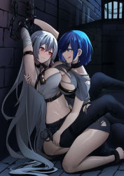 Rule 34 | 2girls, absurdres, azur lane, bandaged arm, bandages, bare shoulders, bdsm, black gloves, black pants, blue eyes, blue hair, blush, bondage, bound, bound arms, breasts, chain, chapayev (azur lane), chapayev (the captive cavalier) (azur lane), choker, cleavage, collar, crop top, cuffs, femdom, gloves, hair between eyes, highres, huge breasts, iku! iku!!, large breasts, long hair, looking at another, looking at viewer, midriff, mole, mole on breast, mole under mouth, moonlight, multiple girls, navel, on floor, pants, police badge, prison, red eyes, shackles, shirt, short hair, short sleeves, silver hair, sitting, slave, smile, sovetskaya rossiya (azur lane), sovetskaya rossiya (the lackadaisical lookout) (azur lane), tongue, tongue out, torn clothes, torn shirt, very long hair, window, yuri