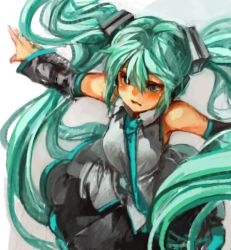 Rule 34 | 1girl, aqua eyes, aqua hair, bare shoulders, blush, detached sleeves, from above, hatsune miku, long hair, necktie, oekaki, outstretched arms, parted lips, sachito, shirt, skirt, sleeveless, sleeveless shirt, solo, spread arms, very long hair, vocaloid