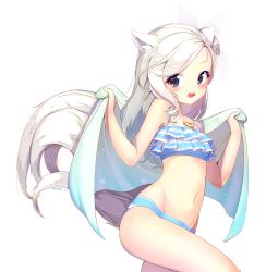 Rule 34 | 1girl, animal ears, bikini, blade &amp; soul, blue bikini, blush, fox ears, fox tail, frilled bikini, frills, highres, jewelry, jungki dr, looking at viewer, navel, necklace, open mouth, purple eyes, short hair, simple background, solo, standing, swimsuit, tail, white background, white hair