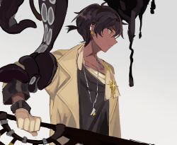 Rule 34 | 1boy, arknights, black hair, black shirt, brown coat, closed mouth, coat, commentary request, dark-skinned male, dark skin, earclip, expressionless, from side, gloves, grey background, holding, holding sword, holding weapon, ink, jewelry, looking away, male focus, marumarukin, necklace, open clothes, open coat, orange eyes, profile, shirt, short hair, short ponytail, simple background, solo, sword, tentacles, tentacle grab, tentacles, tentacles on male, thorns (arknights), upper body, weapon, white gloves