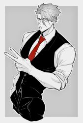 Rule 34 | 1boy, achilles (fate), border, buttons, collared shirt, cropped legs, earrings, fate/grand order, fate (series), fingernails, grey background, hair between eyes, haruakira, highres, jewelry, looking at viewer, male focus, mature male, necktie, pants, pursed lips, red necktie, shirt, short hair, solo, tie clip, v, vest, white border