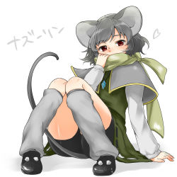 Rule 34 | 1girl, adapted costume, animal ears, ass, bike shorts, capelet, dress, gem, grey dress, grey hair, heart, jewelry, knees together feet apart, leg warmers, long sleeves, looking at viewer, monrooru, mouse ears, mouse tail, nazrin, necklace, pendant, red eyes, scarf, scarf over mouth, shirt, shorts under dress, sitting, solo, tail, touhou