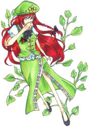 Rule 34 | 1girl, bare legs, beret, blue eyes, bow, braid, china dress, chinese clothes, dress, female focus, full body, hair bow, hat, hong meiling, immaterial and missing power, long hair, plant, puffy short sleeves, puffy sleeves, red hair, shoes, short sleeves, side slit, solo, star (symbol), touhou, twin braids, white background