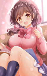 Rule 34 | :d, black socks, blue sky, blush, bow, breasts, brown eyes, brown hair, cardigan, collared shirt, commentary request, curtains, feet out of frame, food, highres, holding, holding food, large breasts, looking at viewer, ongeki, open mouth, panties, pink bow, pink cardigan, pink panties, pleated skirt, pocky, sakurai haruna (ongeki), shirt, skirt, sky, smile, socks, striped bow, sunlight, underwear, vertical-striped bow, white shirt, window, xenon (for achieve)