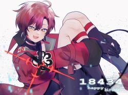 Rule 34 | 1boy, ahoge, black choker, black gloves, blush, choker, commentary, digital dissolve, english text, gloves, happy, happy birthday, highres, holostars, holostars english, hugging own legs, jacket, kneehighs, knees up, looking at viewer, machina x flayon, machina x flayon (1st costume), male focus, mechanical tail, open clothes, open jacket, open mouth, red hair, red jacket, short hair, slit pupils, smile, socks, solo, static, symbol-only commentary, tail, teeth, upper teeth only, utatane660, virtual youtuber, white background