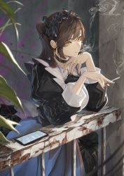 Rule 34 | 1girl, absurdres, black choker, black nails, blowing smoke, blurry, blurry foreground, brown hair, cellphone, choker, cigarette, commentary, dress, ear piercing, earrings, english commentary, hair ribbon, headdress, highres, holding, holding cigarette, jewelry, long hair, maid, maid headdress, marumoru, mole, mole under mouth, nail polish, one side up, original, parted lips, phone, piercing, plant, railing, ribbon, sidelocks, smartphone, smoke, smoking, straight hair, text messaging, yellow eyes