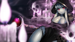 Rule 34 | 1girl, absurdres, black cape, black dress, blunt bangs, breasts, candle, cape, cleavage, covered navel, dress, dungeon maker, fire, highres, holding, holding skull, holding staff, hood, hood up, hooded cape, long hair, looking at viewer, medium breasts, nail polish, pale skin, pink eyes, rebecca (dungeon maker), ro g (oowack), silver hair, skull, solo, staff, torn clothes, wax
