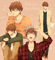 Rule 34 | 1boy, aihara, brown hair, character name, coat, glasses, high speed!, kirishima natsuya, looking at viewer, male focus, open mouth, red eyes, short hair, sweater, text focus