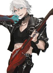 Rule 34 | 1boy, bishounen, blue eyes, devil bringer, devil may cry, devil may cry (series), devil may cry 4, electric guitar, guitar, highres, hood, instrument, jacket, jewelry, looking at viewer, male focus, necklace, nero (devil may cry), simple background, solo, white hair