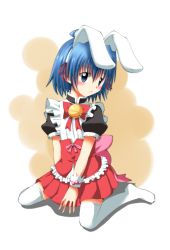 Rule 34 | animal ears, ayasaki hayate, blue eyes, blue hair, bow, bowtie, crossdressing, hayate no gotoku!, highres, male focus, neck bell, rabbit ears, red bow, red bowtie, ruu, short hair, solo, striped clothes, striped thighhighs, thighhighs, trap, white thighhighs