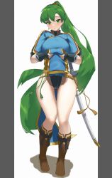 Rule 34 | 1girl, black panties, blush, boots, breasts, clothes lift, dress, earrings, fingerless gloves, fire emblem, fire emblem: the blazing blade, fire emblem engage, gloves, gluteal fold, green eyes, green hair, green panties, groin, high ponytail, highres, jewelry, large breasts, long hair, looking at viewer, lyn (fire emblem), monoi daru, nintendo, open mouth, panties, pelvic curtain, pelvic curtain lift, ponytail, short sleeves, side slit, simple background, solo, sword, thong, underwear, very long hair, weapon, white background