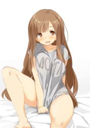 Rule 34 | 1girl, arm behind back, bare legs, barefoot, between thighs, blush, breasts, brown eyes, brown hair, covering crotch, covering privates, kaisen chuui, large breasts, long hair, looking at viewer, matching hair/eyes, naked shirt, original, shirt, shirt tug, sidelocks, sitting, smile, solo, thighs, very long hair
