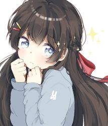 Rule 34 | 1girl, animal print, black hair, blue eyes, blue shirt, blush, bow, braid, clenched hands, commentary request, frown, hair between eyes, hair bow, hair ornament, hairclip, koniro1007, long hair, looking at viewer, nijisanji, pink bow, rabbit print, shirt, sidelocks, solo, sparkle, tears, tsukino mito, upper body, very long hair, virtual youtuber, w arms