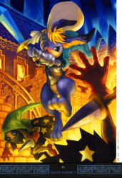 Rule 34 | :o, absurdres, angry, animal ears, arm up, armor, bag, bandana, barefoot, battle, black eyes, blonde hair, blue skin, building, rabbit, rabbit ears, cape, city, colored skin, cornelius (odin sphere), dagger, feet, fighting stance, foreshortening, gauntlets, gloves, glowing, goblin, hat, highres, holding, hood, jumping, knife, looking at viewer, mask, night, no humans, no pants, non-web source, odin sphere, official art, open mouth, outstretched arm, over shoulder, pooka (odin sphere), scan, shirai yasuo, shoes, short hair, soles, star (symbol), sword, tan, torn clothes, weapon