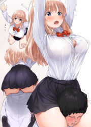 Rule 34 | 1boy, 1girl, arms up, ass, between legs, between thighs, black skirt, blush, bow, bowtie, bra, bra peek, bra visible through clothes, breasts, bursting breasts, carrying, commentary request, fang, huge breasts, kaisen chuui, long hair, long sleeves, miniskirt, multiple views, open mouth, original, panties, pink bra, pink panties, purple eyes, red bow, red neckwear, school uniform, shirt, shirt tucked in, shoulder carry, side-tie panties, side-tie peek, simple background, skirt, striped bow, striped bowtie, striped clothes, striped neckwear, thighs, underwear, white background, white shirt