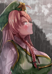 Rule 34 | 1girl, absurdres, ahoge, beret, black ribbon, blush, braid, breasts, closed mouth, collared shirt, commentary request, crying, crying with eyes open, from side, green eyes, green hat, green vest, hat, hat ornament, highres, hong meiling, large breasts, long hair, looking up, mahoro (minase mahoro), neck ribbon, outdoors, rain, red hair, ribbon, shirt, solo, star (symbol), star hat ornament, tears, touhou, twin braids, upper body, vest, white shirt