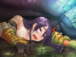 Rule 34 | 1girl, armor, black lilith, blush, breasts, defeat, elma (monsters survive), long hair, monster, monsters survive, open mouth, purple eyes, purple hair, saliva, shindol, tears, tongue