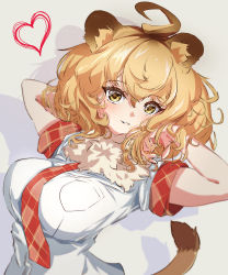 Rule 34 | 1girl, absurdres, ahoge, almondrake, animal ear fluff, animal ears, arm behind head, arms up, big hair, blonde hair, breast pocket, breasts, brown hair, eyelashes, fur collar, hair between eyes, hand in own hair, heart, highres, kemono friends, large breasts, lion (kemono friends), lion ears, lion girl, lion tail, looking at viewer, multicolored hair, necktie, parted lips, plaid, plaid necktie, plaid sleeves, plaid trim, pocket, shirt, short sleeves, smile, solo, tail, two-tone hair, upper body, white shirt, yellow eyes