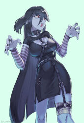 Rule 34 | 1girl, alternate costume, bandaged head, bandaged leg, bandages, black choker, black hair, black nails, black shirt, black skirt, blue skin, breasts, chamame, choker, cleavage, cleavage cutout, clothing cutout, colored skin, commentary request, detached sleeves, hair between eyes, hands up, highres, large breasts, long hair, nail polish, open mouth, outstretched arms, red eyes, shirt, sidelocks, skirt, solo, standing, striped sleeves, very long hair, yamada tae, zombie, zombie land saga, zombie pose