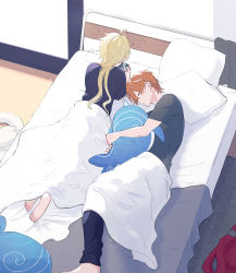 Rule 34 | 2boys, aether (genshin impact), alternate hairstyle, barefoot, bed, black pants, black shirt, blonde hair, blouse, cable, cellphone, genshin impact, hair between eyes, hair down, highres, holding, holding phone, holding stuffed toy, long hair, lying, male focus, multiple boys, on bed, on side, on stomach, orange hair, pants, parted lips, phone, pillow, shirt, sleeping, smartphone, stuffed animal, stuffed toy, tartaglia (genshin impact), under covers, uro (urooooboe), yaoi