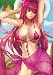 Rule 34 | 1girl, adapted costume, arm up, bad id, bad pixiv id, bikini, bracelet, breasts, cleavage, covered erect nipples, cyicheng, fate (series), head tilt, jewelry, large breasts, long hair, looking at viewer, purple bikini, purple hair, red eyes, sarong, scathach (fate), scathach (fate/grand order), scathach (swimsuit assassin) (fate), solo, swimsuit, thigh strap