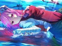 Rule 34 | 1girl, bandages, blush, bun cover, chinese clothes, double bun, female focus, flower, ibaraki kasen, ibuki notsu, looking at viewer, lying, on back, parted lips, pink eyes, pink hair, short hair, solo, tabard, touhou, water