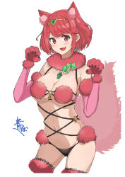 Rule 34 | 1girl, absurdres, alternate costume, animal ears, animal hands, aotsuba, breasts, cat girl, chest jewel, fur-trimmed collar, fur trim, gloves, highres, large breasts, mash kyrielight, mash kyrielight (dangerous beast), paw gloves, paw pose, pyra (xenoblade), red eyes, red hair, short hair, simple background, solo, swept bangs, white background, xenoblade chronicles (series), xenoblade chronicles 2
