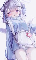 Rule 34 | 1girl, absurdres, angel wings, apron, bandaid, bandaid on face, blue jacket, blue ribbon, blush, double bun, grey hair, hair bun, hair ribbon, halo, highres, jacket, jersey maid, long sleeves, looking at viewer, maid, maid headdress, medium hair, original, panties, panties under pantyhose, pantyhose, parted lips, ribbon, simple background, sleeves past fingers, sleeves past wrists, solo, striped clothes, striped panties, turtleneck, turtleneck jacket, unconventional maid, underwear, white apron, white background, white pantyhose, wings, yunmi 0527, zipper