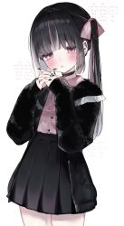 Rule 34 | 1girl, absurdres, black choker, black hair, black jacket, black nails, black skirt, blush, bow, choker, collared shirt, cowboy shot, crying, ear piercing, earrings, frills, hair bow, highres, jacket, jewelry, jirai kei, long hair, long sleeves, looking at viewer, multicolored hair, nail polish, open clothes, open jacket, original, own hands together, piercing, pink bow, pink eyes, pink shirt, pleated skirt, ribbon, shirt, simple background, skirt, solo, streaked hair, tamafurin, tears, twintails, white background