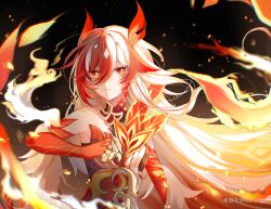 Rule 34 | 1girl, animal hands, artist name, bare shoulders, black sports bra, breasts, chinese clothes, chinese text, claws, closed mouth, detached sleeves, elbow gloves, embers, eyeliner, fire, fu hua, fu hua (garuda), gloves, gradient background, hair between eyes, honkai (series), honkai impact 3rd, long hair, looking at viewer, makeup, mangzhi yaoyao, multicolored hair, official alternate hairstyle, red eyeliner, red eyes, red gloves, red hair, red rope, red scales, rope, shadow, simplified chinese text, small breasts, solo, sports bra, sportswear, streaked hair, symbol-shaped pupils, two-tone hair, upper body, white hair, yellow pupils
